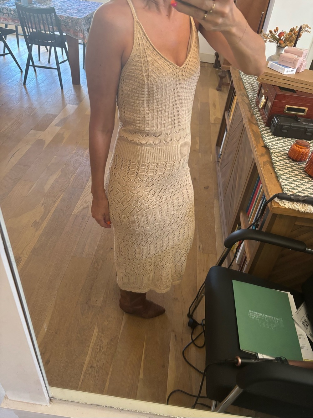 Beige Crochet Midi Dress with V-Neck and Slim Fit